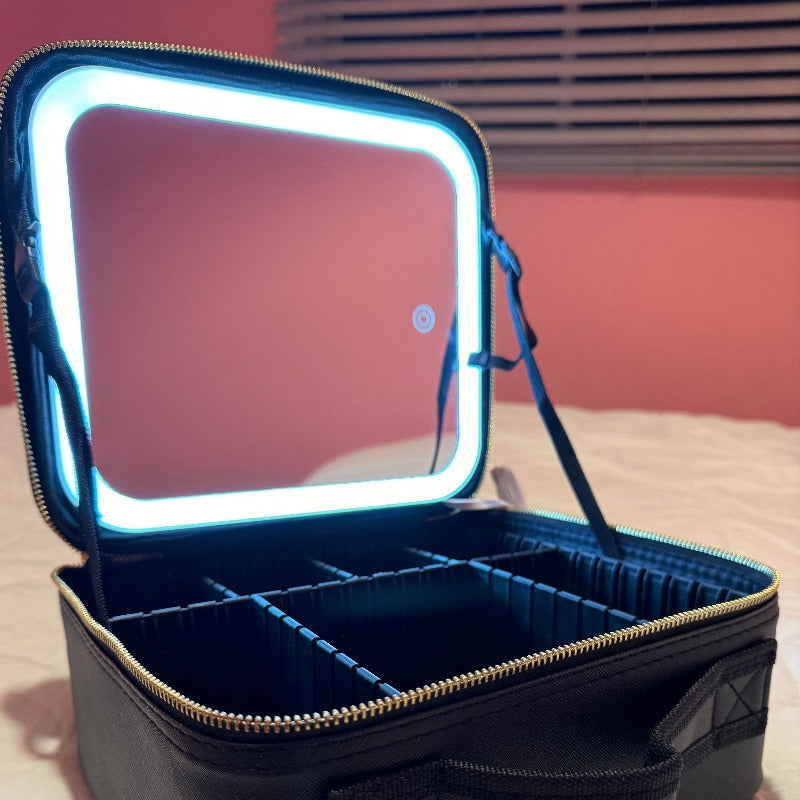 Makeup bag with mirror and light - Cosmetic bag organizer with adjustable dividers