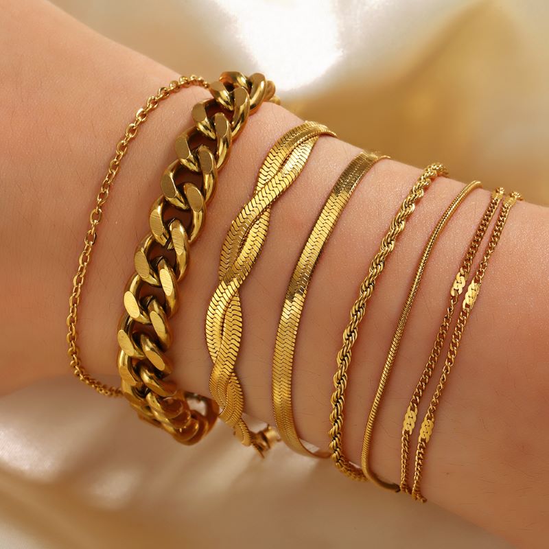 6 piece stainless steel waterproof 18K gold plated bracelets